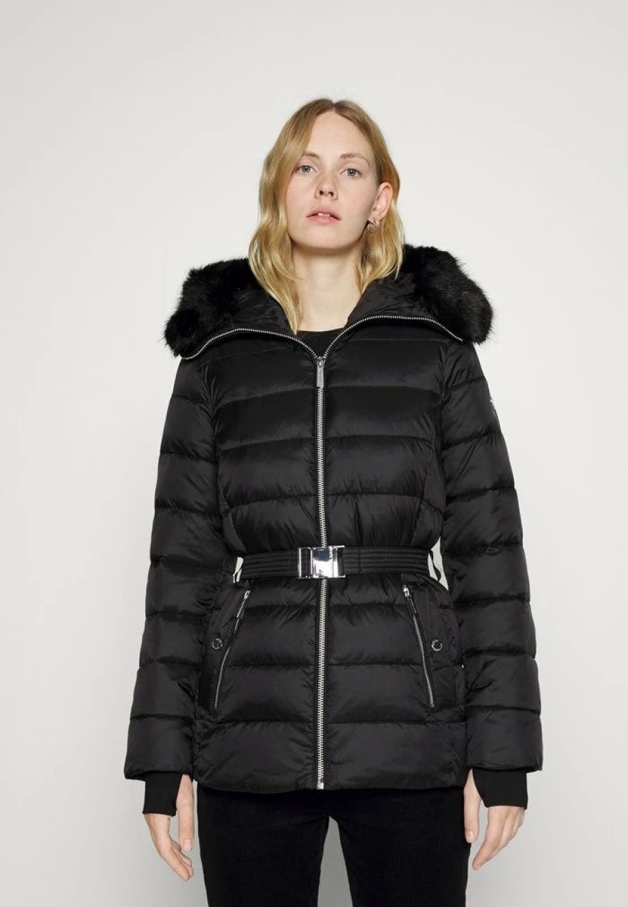 Wholesale Michael Michael Kors Belted Horizontal Quilted Puffer Coat With Snap Off Winter Jacket Black