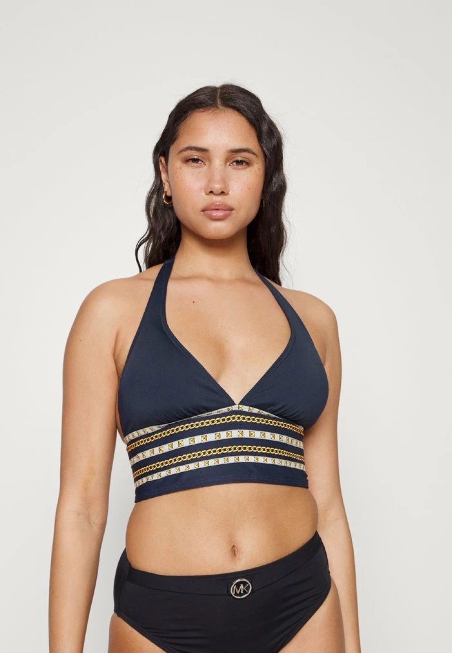 Clearance Michael Michael Kors Chain Border Halter Bikini Top Navy