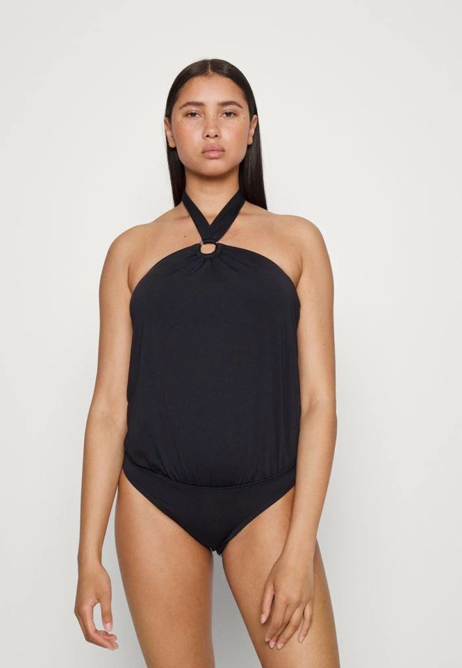 Wholesale Michael Michael Kors Iconic Solids Logo Ring Blouson Onepiece Swimsuit Black