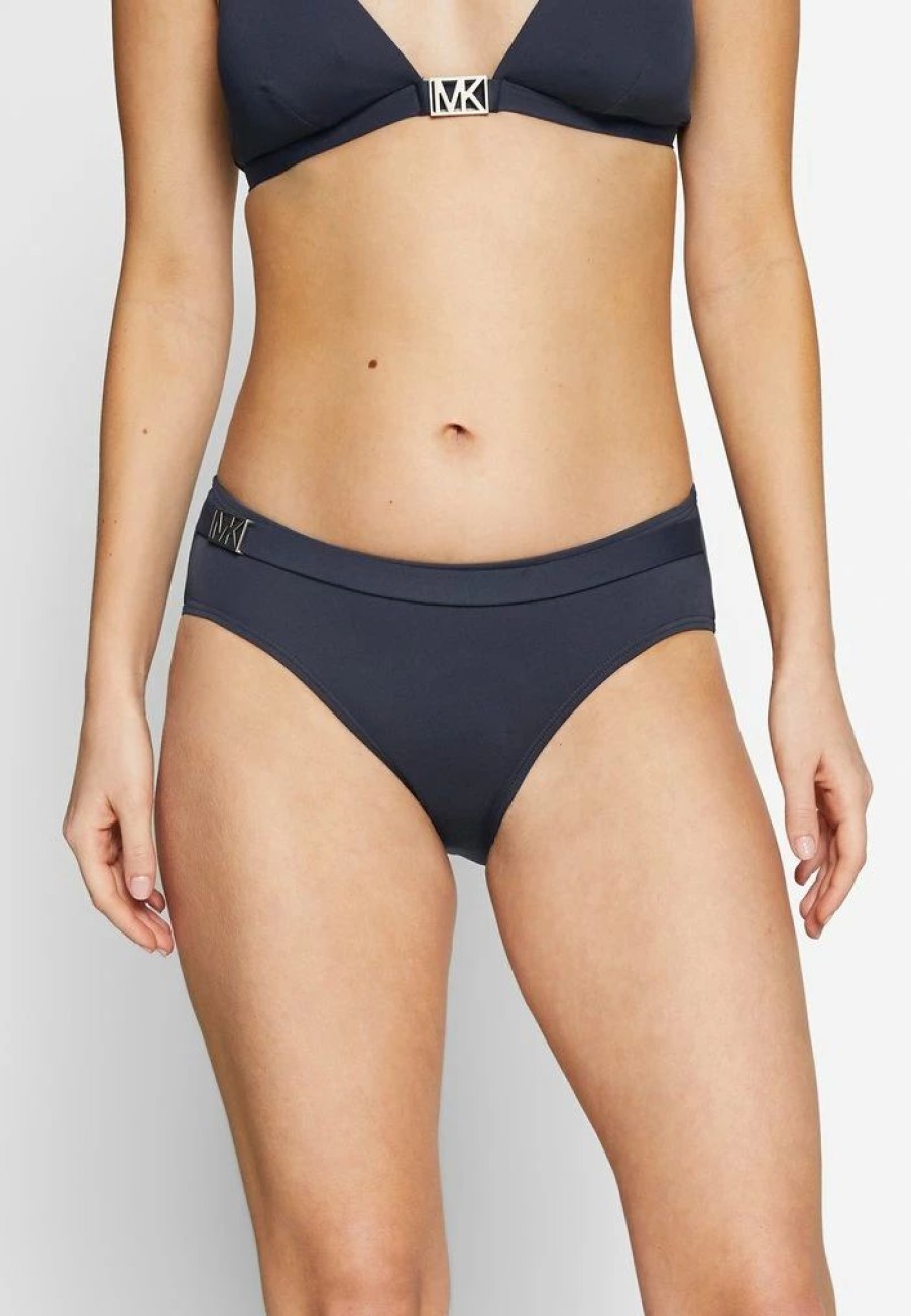 New Michael Michael Kors Logo Solids Belted Bikini Bottoms New Navy