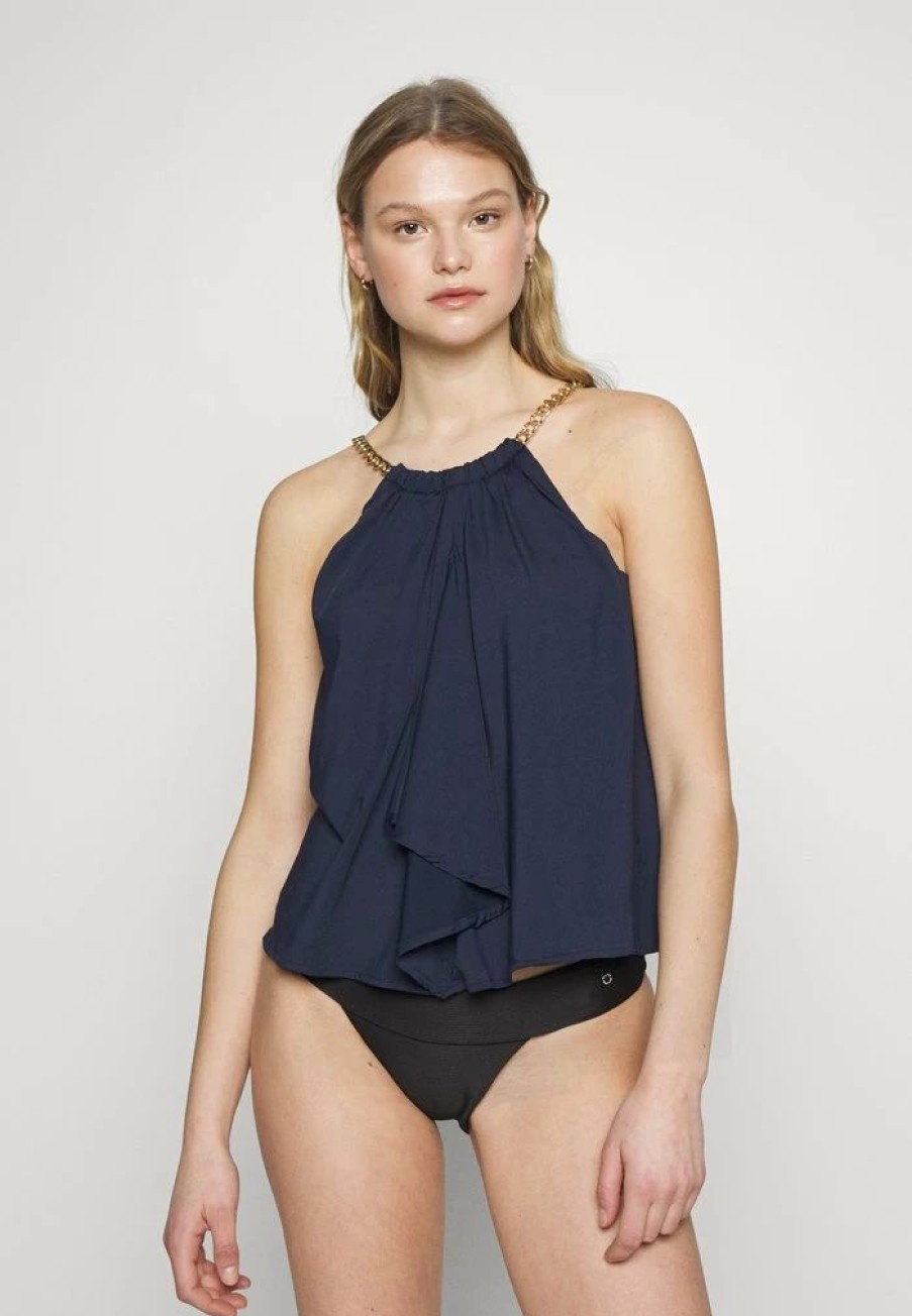 Best Michael Michael Kors Chain Halter High Neck Tankini Bikini Top Navy