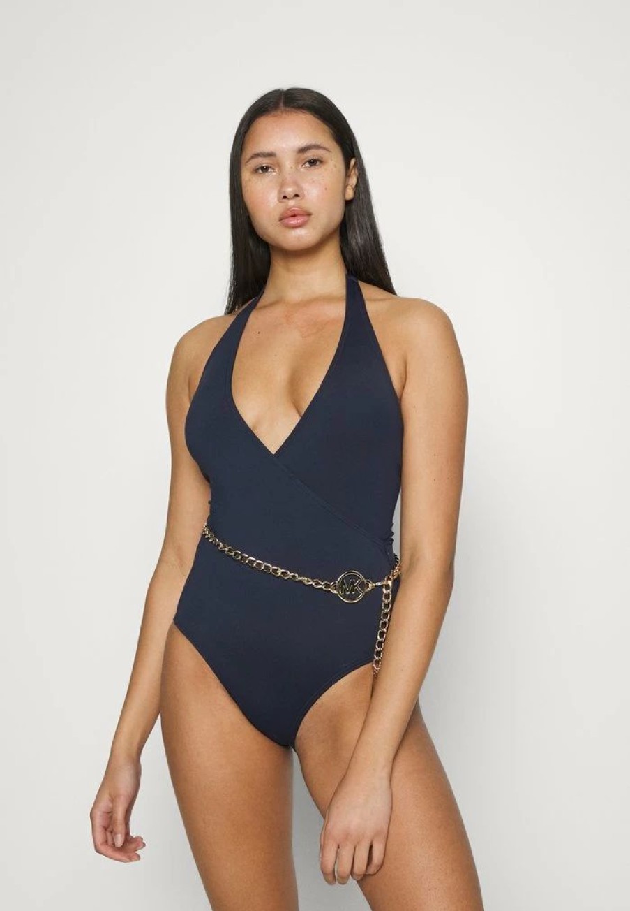 Online Michael Michael Kors Chain V Neck Halter Onepiece Belt Swimsuit Navy