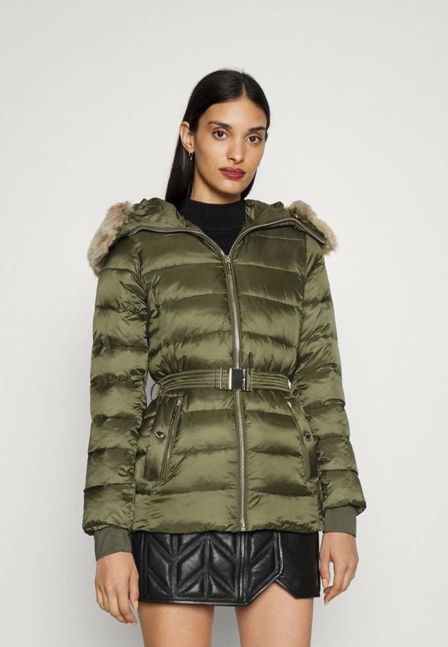 Clearance Michael Michael Kors Belted Horizontal Quilted Puffer Coat With Snap Off Winter Jacket Khaki