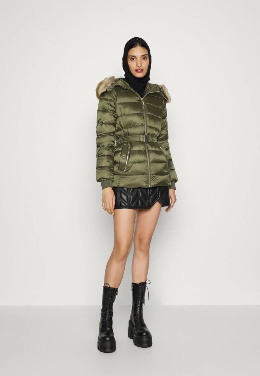 Clearance Michael Michael Kors Belted Horizontal Quilted Puffer Coat With Snap Off Winter Jacket Khaki