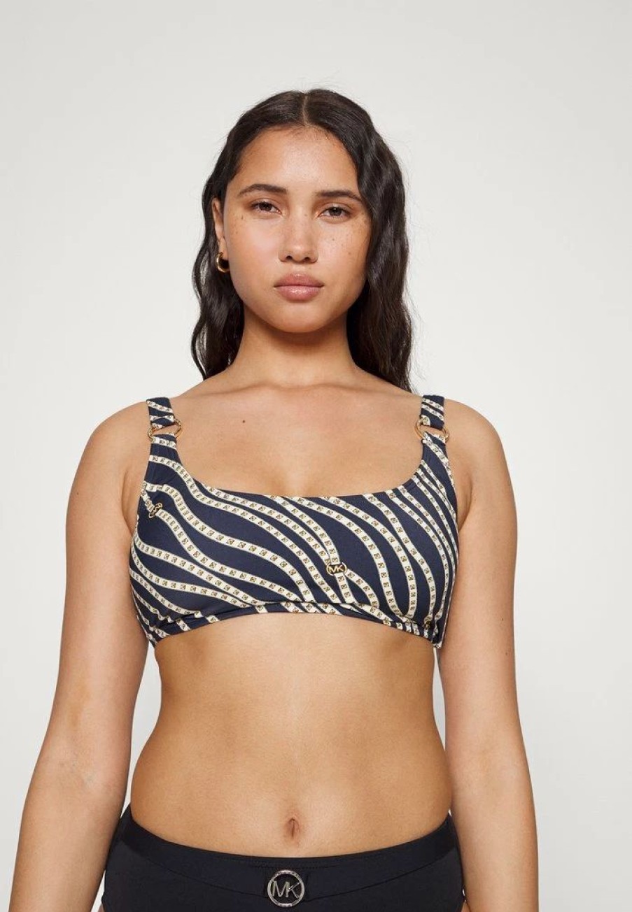 New Michael Michael Kors Diagonal Logo Ring Bikini Top Navy