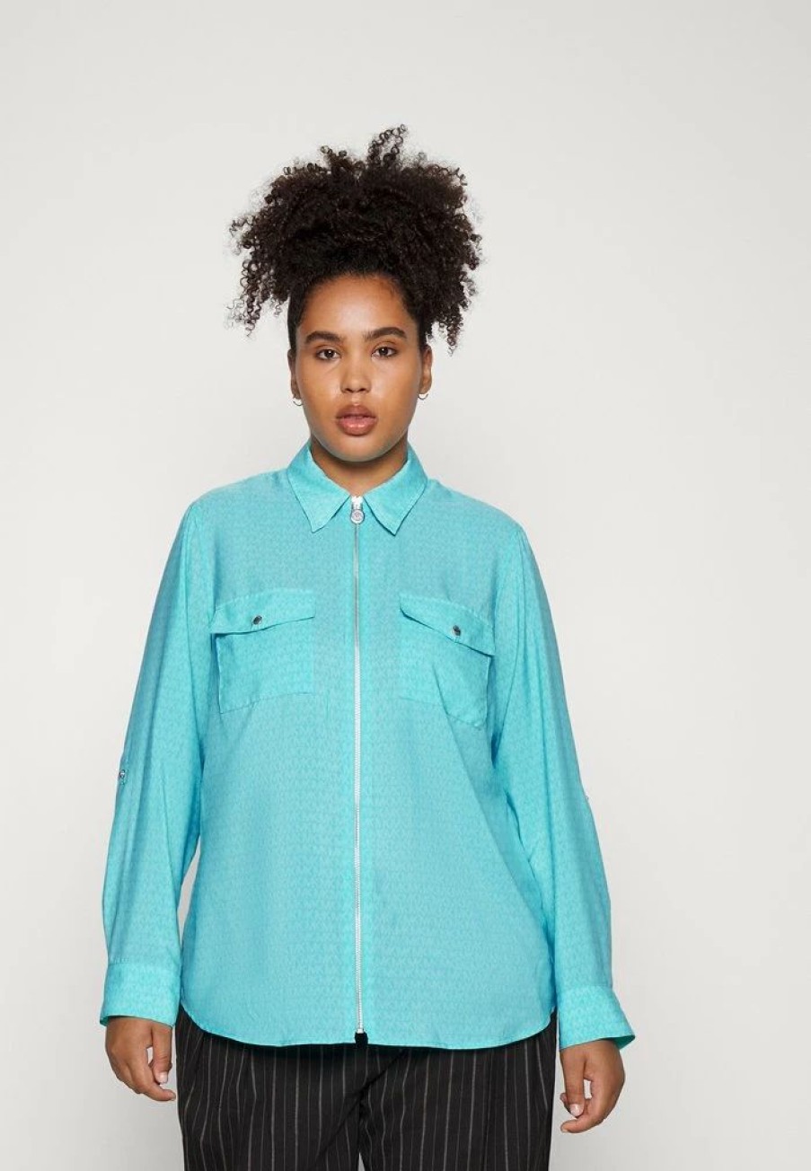 Wholesale Michael Michael Kors Tonal Logo Lock Zip Button-Down Blouse Turquoise