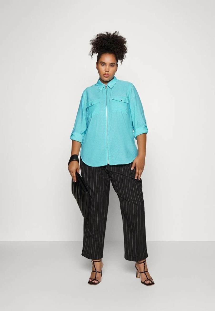 Wholesale Michael Michael Kors Tonal Logo Lock Zip Button-Down Blouse Turquoise