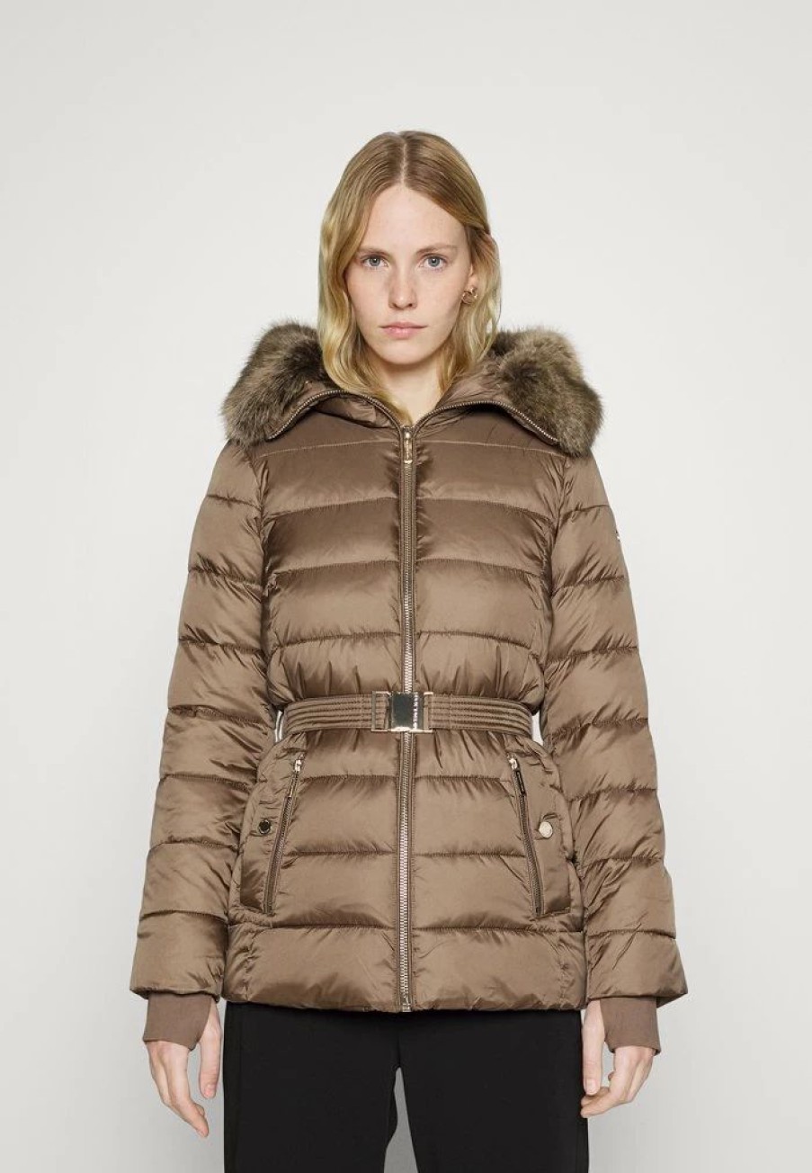 Clearance Michael Michael Kors Belted Horizontal Quilted Puffer Coat With Snap Off Winter Jacket Husk