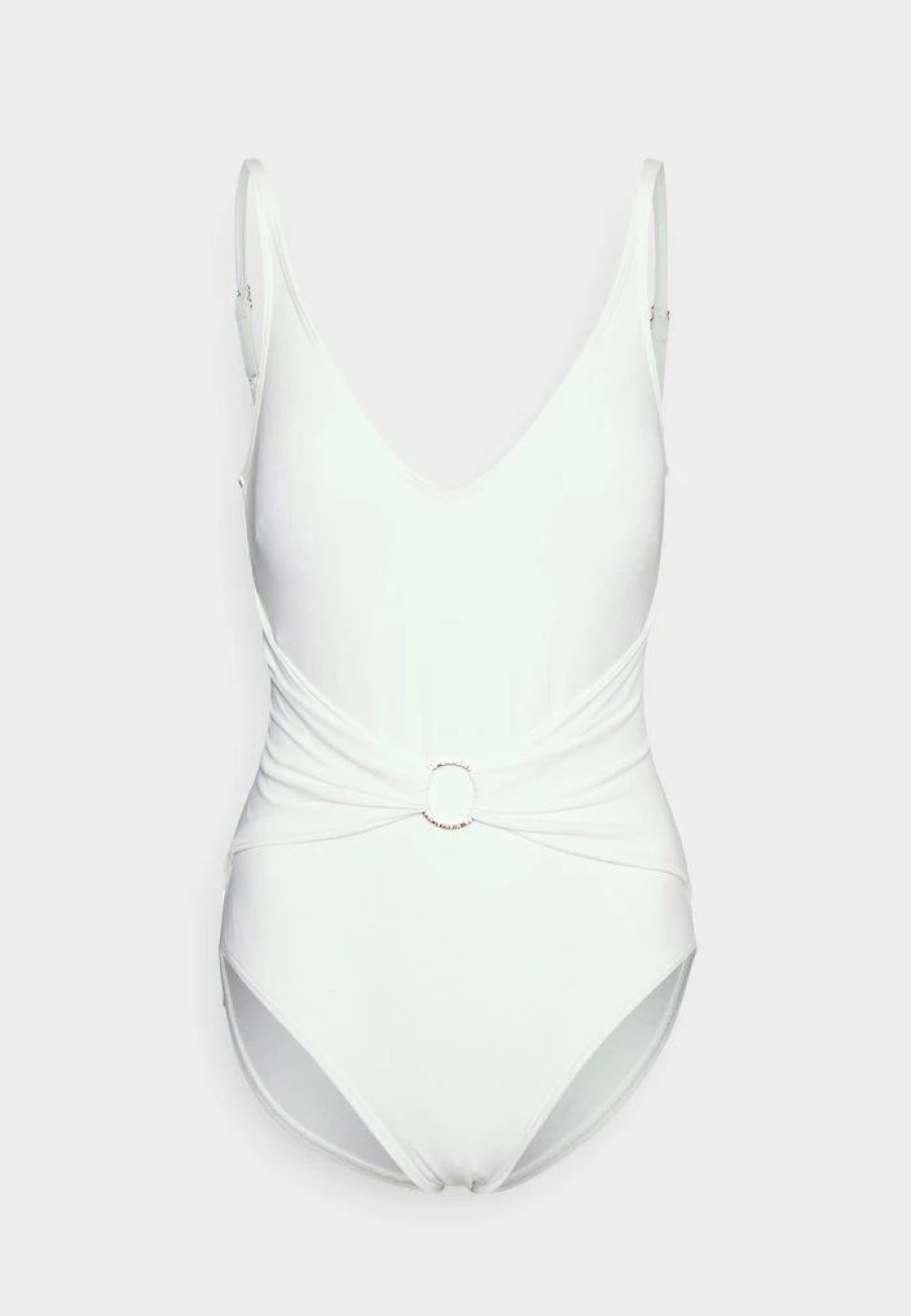 New Michael Michael Kors Iconic Solids Sash Logo V Neck Onepiece Swimsuit White