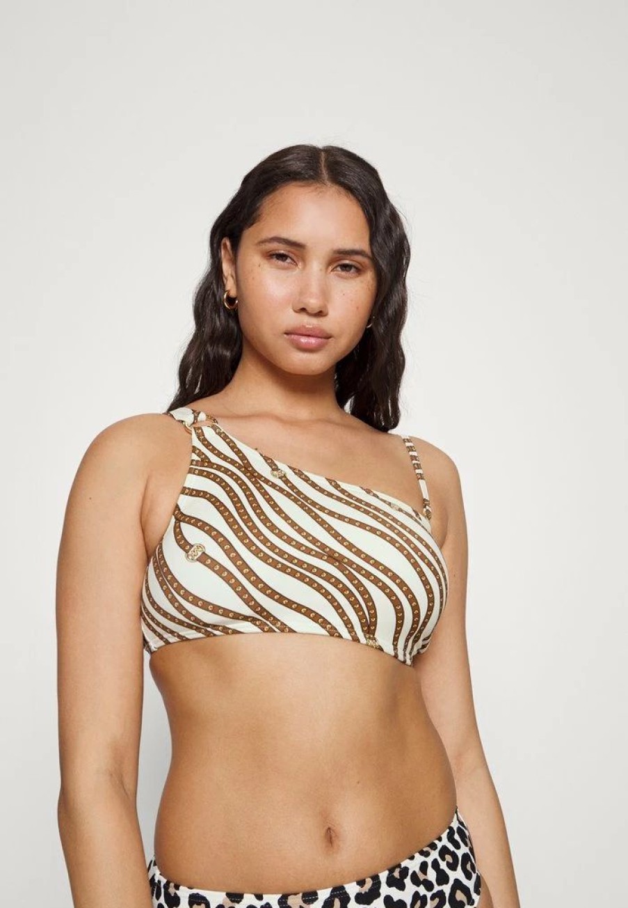 Wholesale Michael Michael Kors Diagonal Belt Logo Ring Oneshoulder Bikini Top Bone