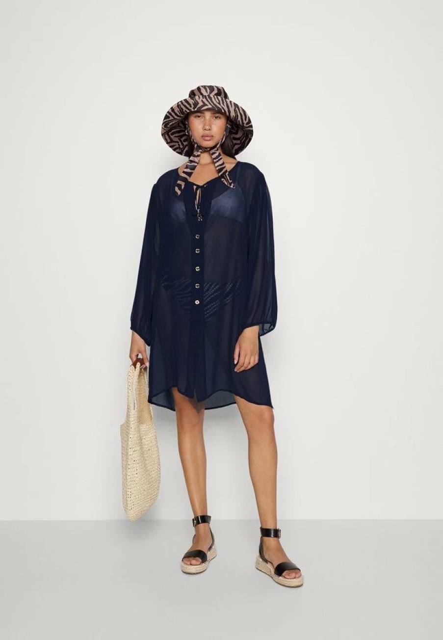 Best Michael Michael Kors Large Grommet Button Front Coverup Beach Accessory Navy