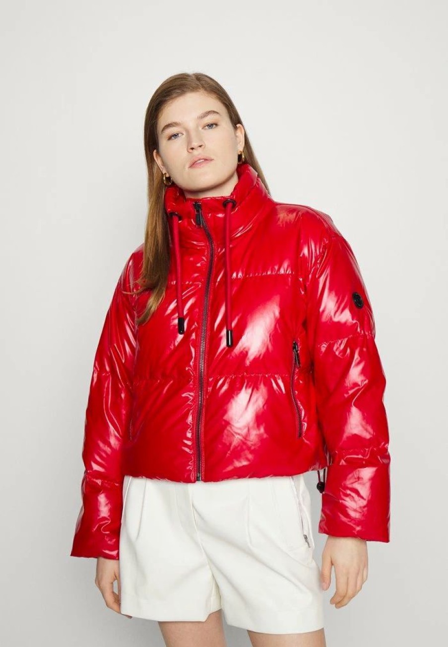 Best Michael Michael Kors Cropped Metallic Puffer Winter Jacket Crimson